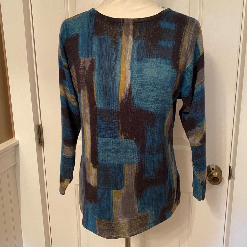 ANNE KLEIN SWEATER CREWNECK BLUE BLACK GRAY CASHMERE ABSTRACT 3/4 SLEEVE Size M